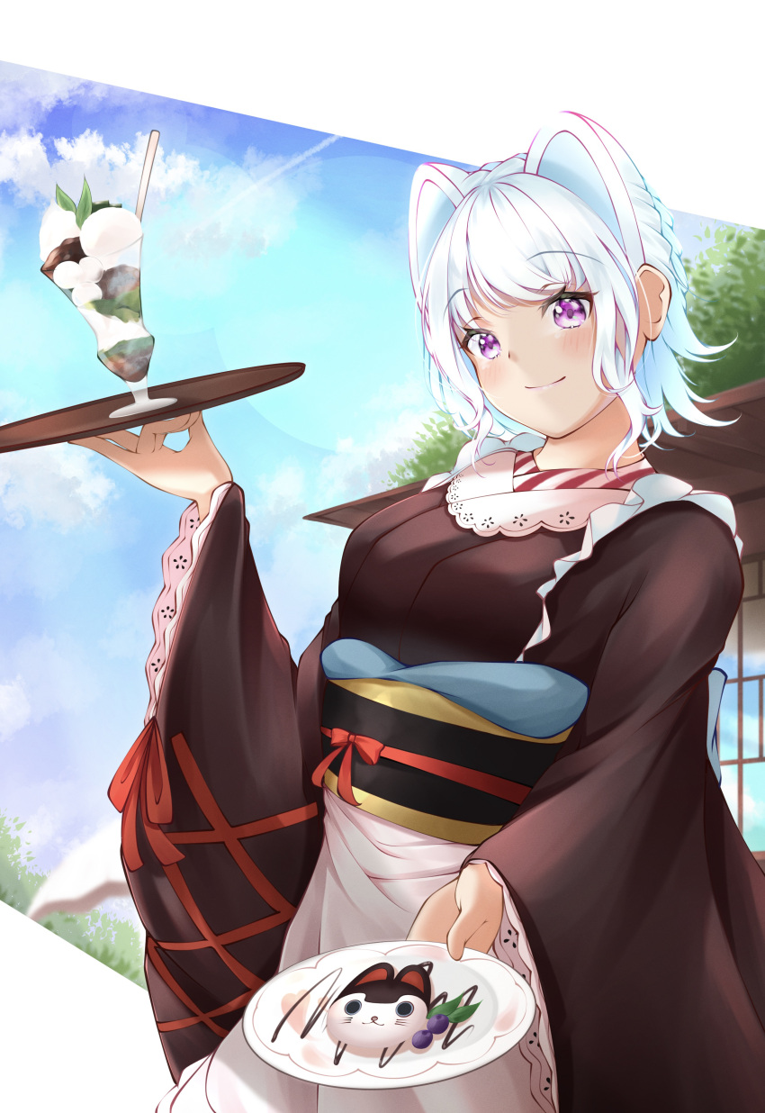 1girl, absurdres, animal_ears, blue_hair, bow, brown_kimono, cosplay, cup, dog_ears, dog_girl, eyebrows_visible_through_hair, fox_shadow_puppet, gradient_hair, hair_behind_ear, highres, holding, holding_plate, holding_tray, inui_toko, inui_toko_(cosplay), japanese_clothes, kemonomimi_mode, kimono, lize_helesta, multicolored_hair, nagori0127, nijisanji, obi, parfait, plate, red_bow, sash, short_hair, silver_hair, smile, solo, tray, violet_eyes, virtual_youtuber, wa_maid