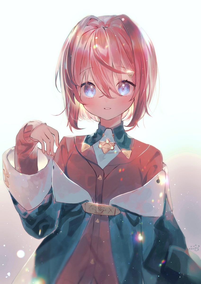 1girl, absurdres, ange_katrina, black_jacket, blue_eyes, blush, eyebrows_visible_through_hair, gradient