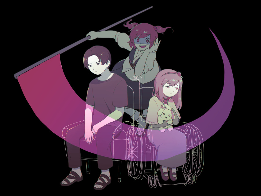 1boy, 2girls, :x, black_background, black_footwear, black_hair, black_pants, black_sash, black_shirt, blue_dress, brown_hair, closed_mouth, coin, coin_on_string, commentary_request, cookie_(touhou), dress, expressionless, food-themed_hair_ornament, frilled_neckwear, frown, full_body, green_dress, hair_bobbles, hair_ornament, hairband, highres, hita_(hizokuseikogeki), holding, holding_scythe, holed_coin, ichigo_(cookie), japanese_clothes, long_hair, looking_at_viewer, looking_down, manatsu_no_yo_no_inmu, multiple_girls, necktie, obi, okada_yoshinori, onozuka_komachi, open_mouth, pants, puffy_short_sleeves, puffy_sleeves, red_eyes, red_hairband, red_necktie, redhead, sandals, sash, scythe, shaded_face, shiny, shiny_skin, shirt, shishou_(cookie), short_hair, short_sleeves, smile, socks, strawberry_hair_ornament, stuffed_animal, stuffed_bunny, stuffed_toy, touhou, two_side_up, wheelchair, white_legwear