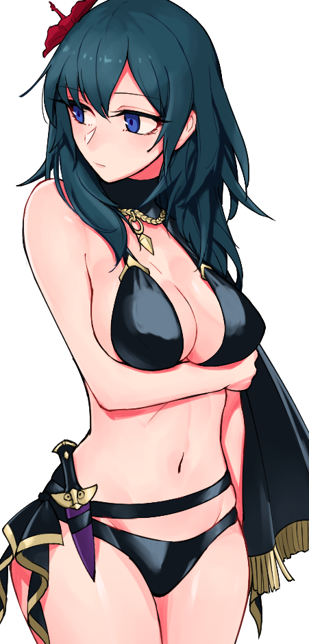 1girl, bangs, bare_arms, bare_shoulders, bikini, black_bikini, blue_eyes, blue_hair, breasts, byleth_(fire_emblem), byleth_eisner_(female), commentary_request, cowboy_shot, dagger, fire_emblem, fire_emblem:_three_houses, fire_emblem_heroes, flower, groin, hair_between_eyes, hair_flower, hair_ornament, hattori_(omegamega1001), knife, large_breasts, long_hair, looking_to_the_side, navel, partial_commentary, red_flower, sheath, sheathed, simple_background, solo, standing, stomach, swimsuit, weapon, white_background