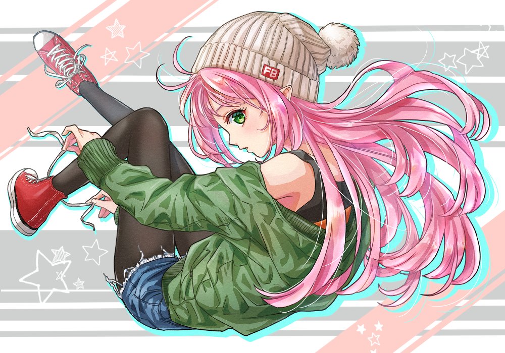 1girl, :d, akira_ituki, black_legwear, blue_shorts, floating_hair, from_side, full_body