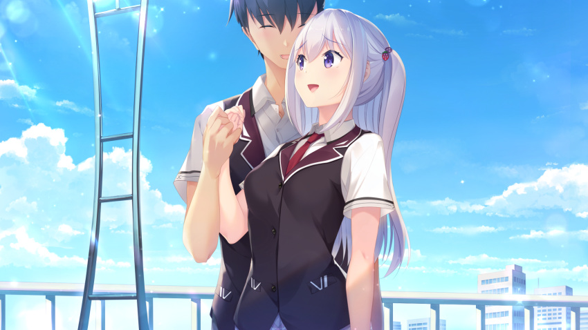 1boy, 1girl, :d, ^_^, arima_kyouya, asamori_mitsuki, bangs, black_hair