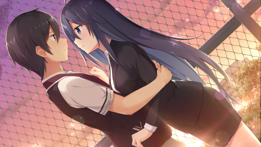 1boy, 1girl, arima_kyouya, black_hair, black_jacket, black_skirt, black_vest, blue_eyes