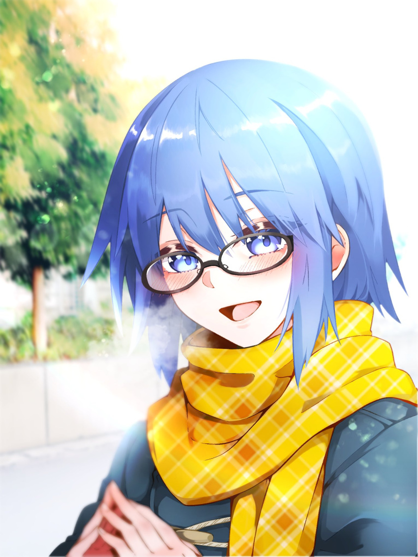 1girl, bangs, black-framed_eyewear, blue_coat, blue_eyes, blue_hair, blush, breath