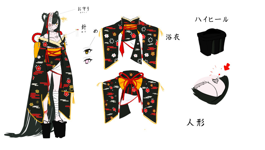 1girl, absurdres, bandages, bangs, braid, breasts, character_sheet, concept_art