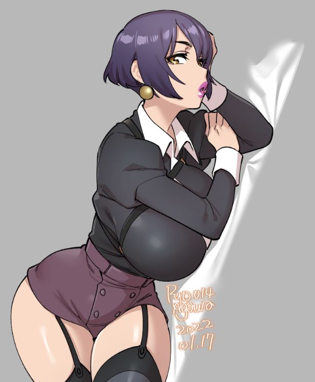 1girl, agawa_ryou, artist_name, bangs, black_jacket, black_legwear, breasts, collared_shirt, commentary, cowboy_shot, dated, earrings, english_commentary, eyebrows_visible_through_hair, garter_straps, grey_background, hand_on_own_arm, hand_on_own_head, high-waist_shorts, huge_breasts, jacket, jewelry, long_sleeves, looking_at_viewer, numbered, open_mouth, original, parted_lips, pink_lips, pixie_cut, profile, purple_hair, purple_shorts, shirt, short_hair, short_shorts, shorts, sidelocks, simple_background, solo, swept_bangs, thigh-highs, white_shirt, wing_collar, yellow_eyes