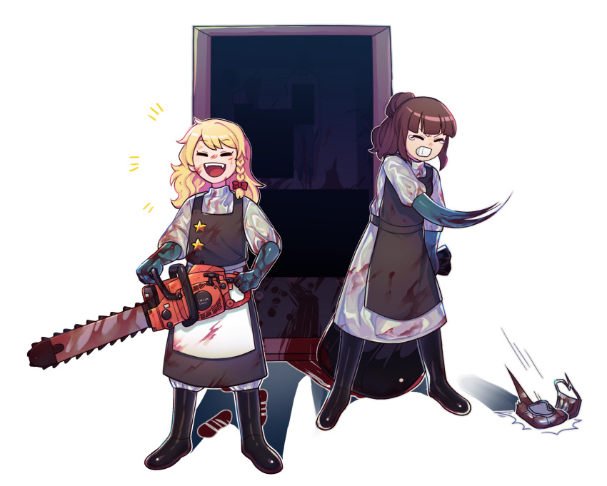2girls, apron, bangs, black_apron, black_footwear, black_skirt, black_vest, blonde_hair