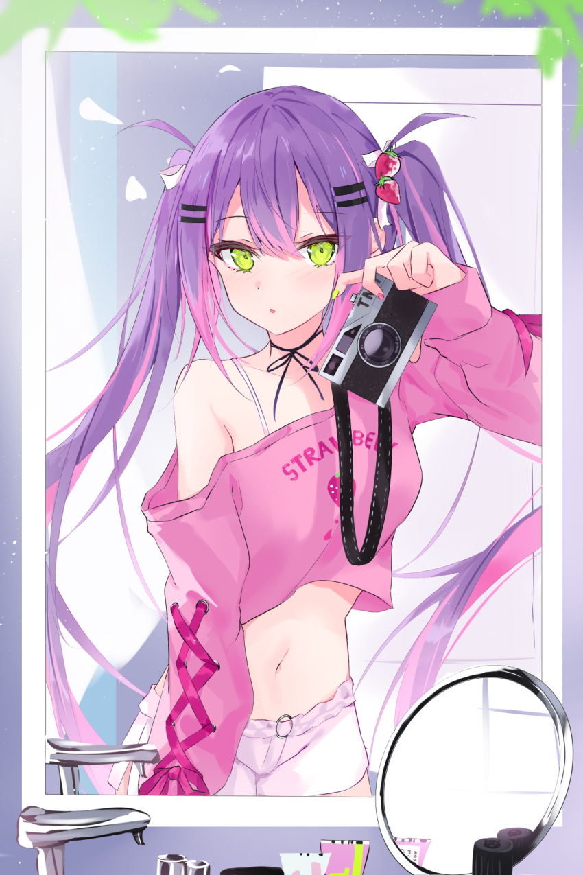 :o, bathroom, camera, crop_top, eyebrows_visible_through_hair, eyes_visible_through_hair, faucet, food-themed_hair_ornament, food_print, green_eyes, hair_between_eyes, hair_ornament, highres, holding, holding_camera, hololive, long_hair, long_sleeves, looking_at_viewer, midriff, mirror, multicolored_hair, nail, navel, nerusu, off_shoulder, pink_hair, pink_nails, pink_shirt, purple_hair, reflection, ribbon, selfie, shirt, short_shorts, shorts, spaghetti_strap, strap, strawberry_hair_ornament, strawberry_print, streaked_hair, string_around_neck, symbol-only_commentary, taking_picture, tokoyami_towa, two_side_up, virtual_youtuber, yellow_nails
