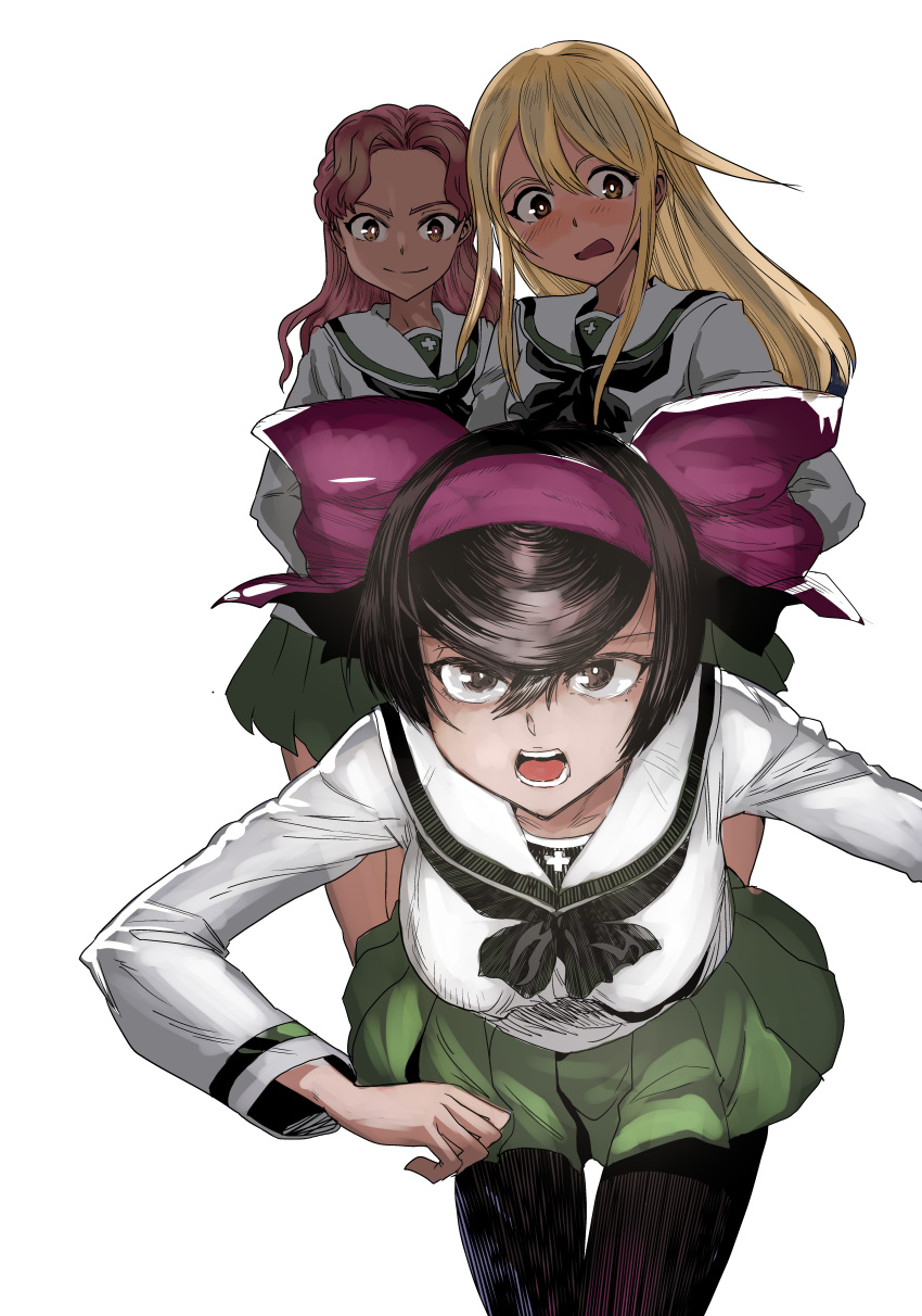 3girls, absurdres, blonde_hair, breasts, brown_eyes, brown_hair, commentary_request, endou_haruka, girls_und_panzer, girls_und_panzer_ribbon_no_musha, hair_between_eyes, highres, leaning_forward, long_hair, matsukaze_rin, medium_breasts, multiple_girls, nogami_takeshi, ooarai_school_uniform, open_mouth, pantyhose, pink_hair, pleated_skirt, red_ribbon, ribbon, school_uniform, serafuku, short_hair, simple_background, sketch, skirt, solo_focus, tsuruki_shizuka, white_background