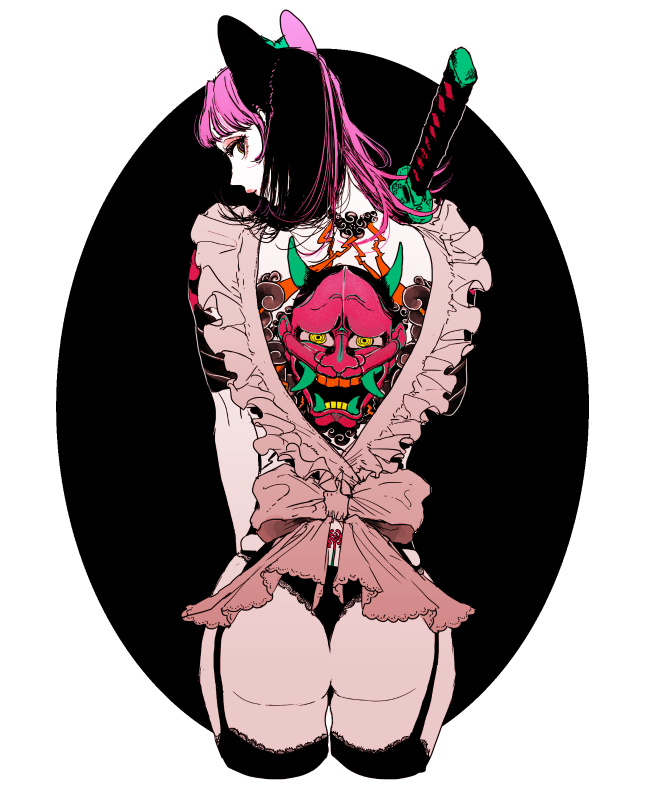 1girl, animal_ears, apron, ass, back_tattoo, black_hair, bobbbob, bow, brown_hair, eyeshadow, frilled_apron, frills, from_behind, garter_straps, irezumi, katana, lace, lace-trimmed_panties, lace_trim, looking_back, makeup, medium_hair, multicolored_hair, original, over_shoulder, panties, purple_hair, sword, tattoo, thigh-highs, thong, two-tone_hair, underwear, weapon