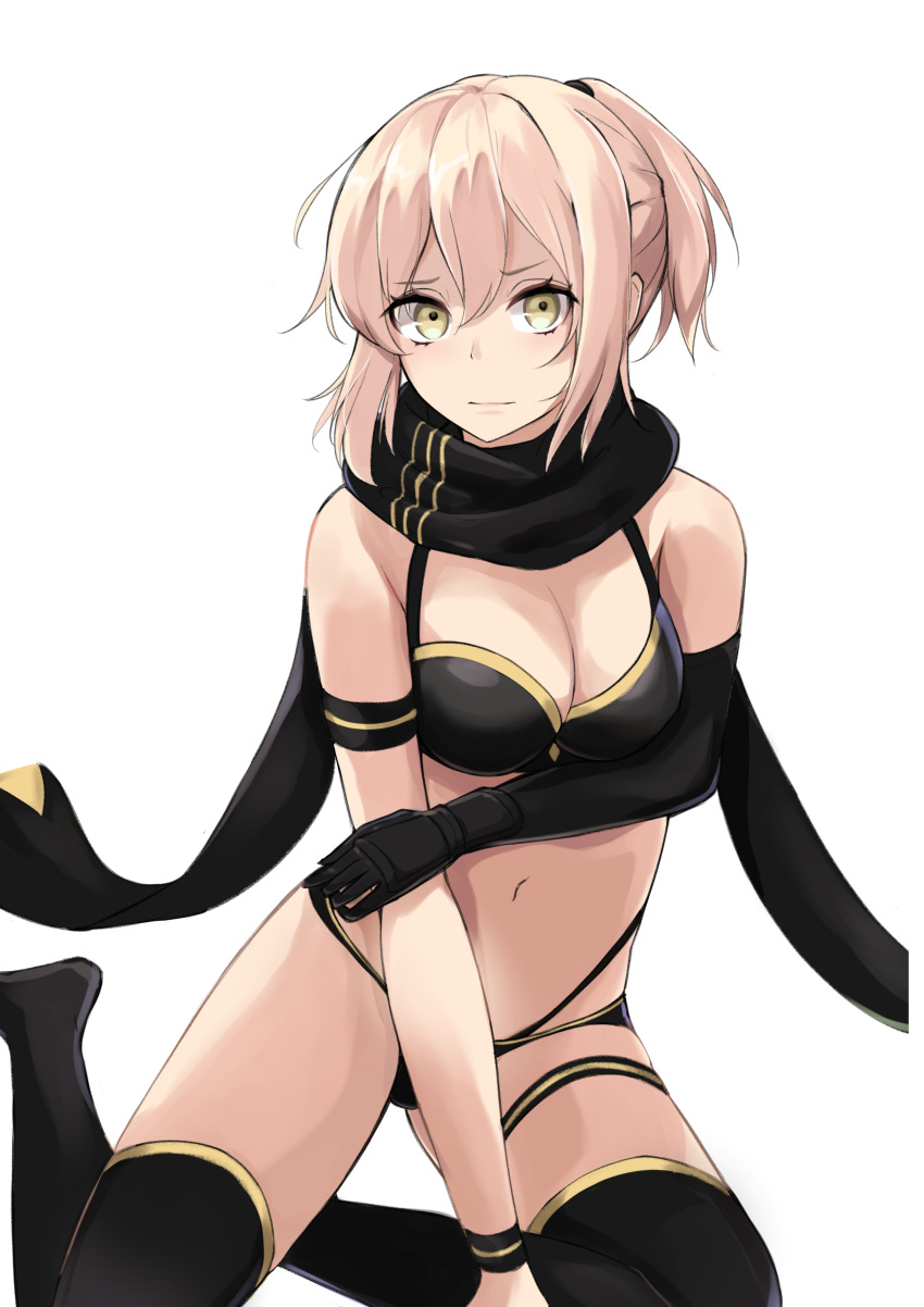 1girl, absurdres, armlet, asymmetrical_gloves, bikini, black_bikini, black_gloves, black_legwear