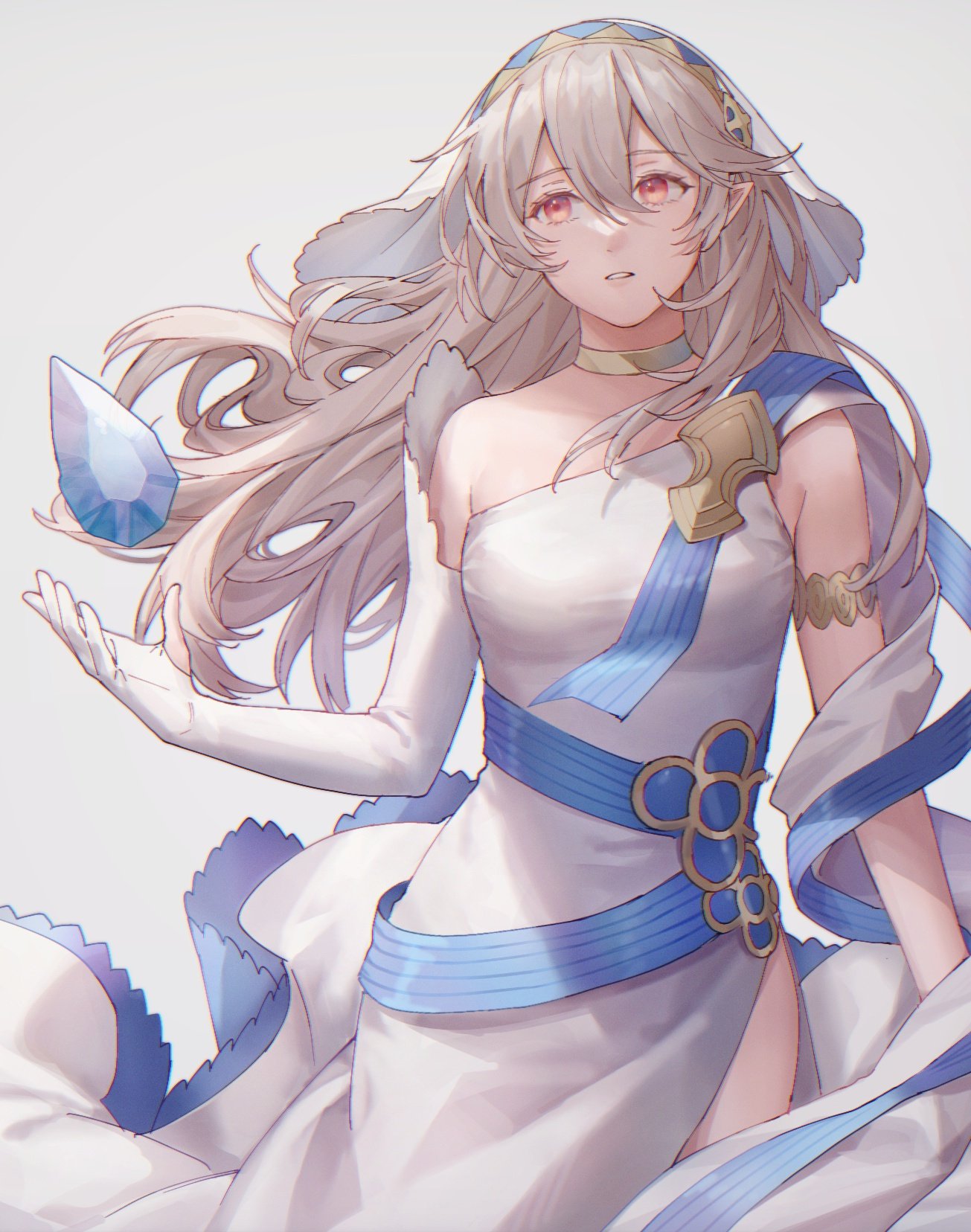 1girl, ai_tkkm, alternate_costume, armlet, asymmetrical_clothes, bangs, commentary_request, corrin_(fire_emblem)