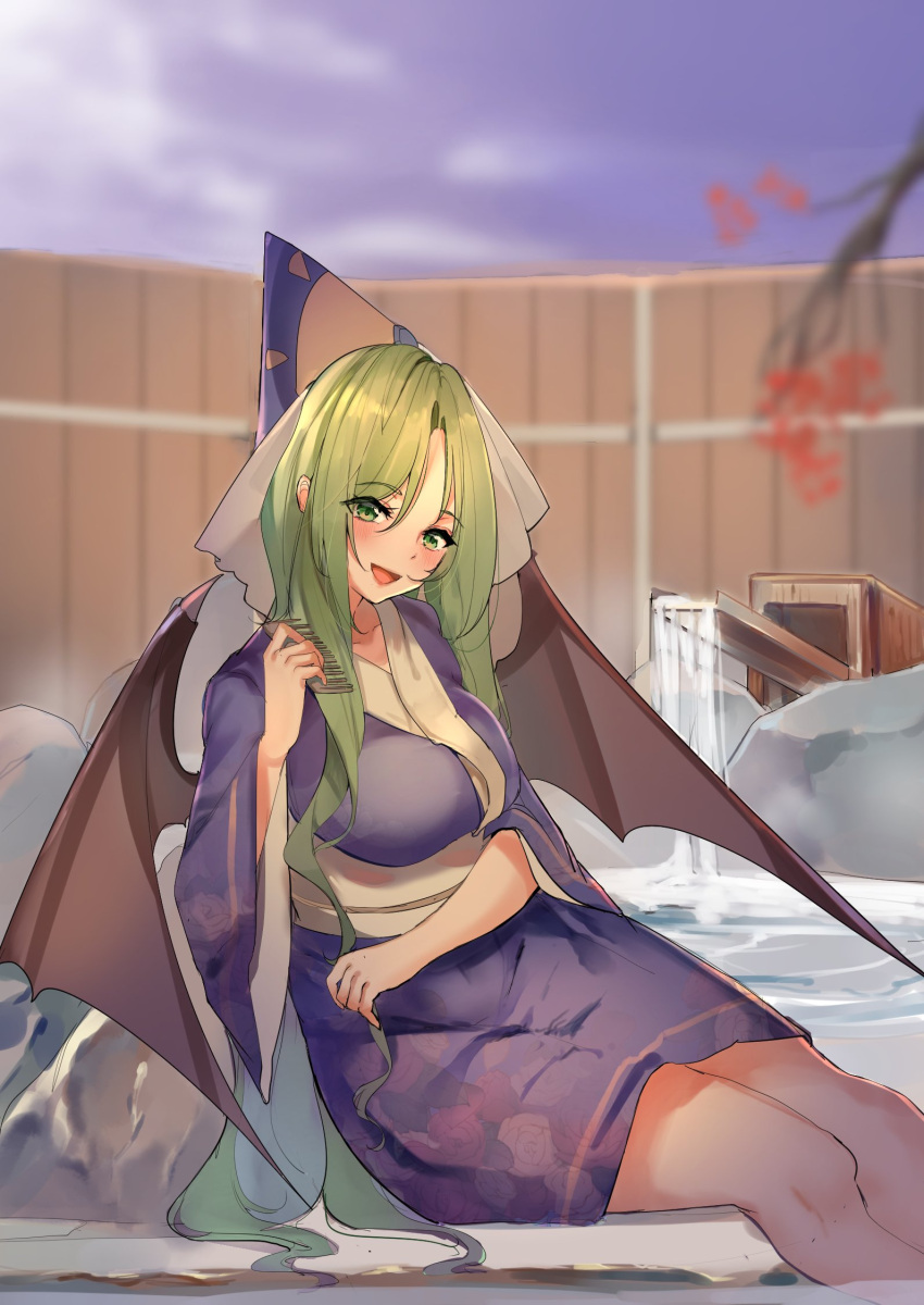 1girl, alternate_costume, bangs, bat_wings, blue_headwear, blue_kimono, blue_sky, blurry