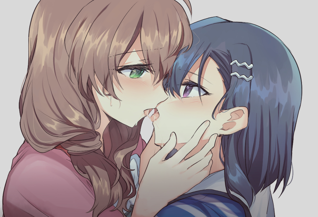 2girls, after_kiss, aizawa_yasumi, aoi_shiro, aoiro_050, blue_hair, blush, brown_hair, character_request, commentary_request, eye_contact, eyebrows_visible_through_hair, green_eyes, hair_ornament, hair_over_shoulder, hairclip, looking_at_another, medium_hair, multiple_girls, osanai_shouko, saliva, saliva_trail, short_hair, tongue, yuri