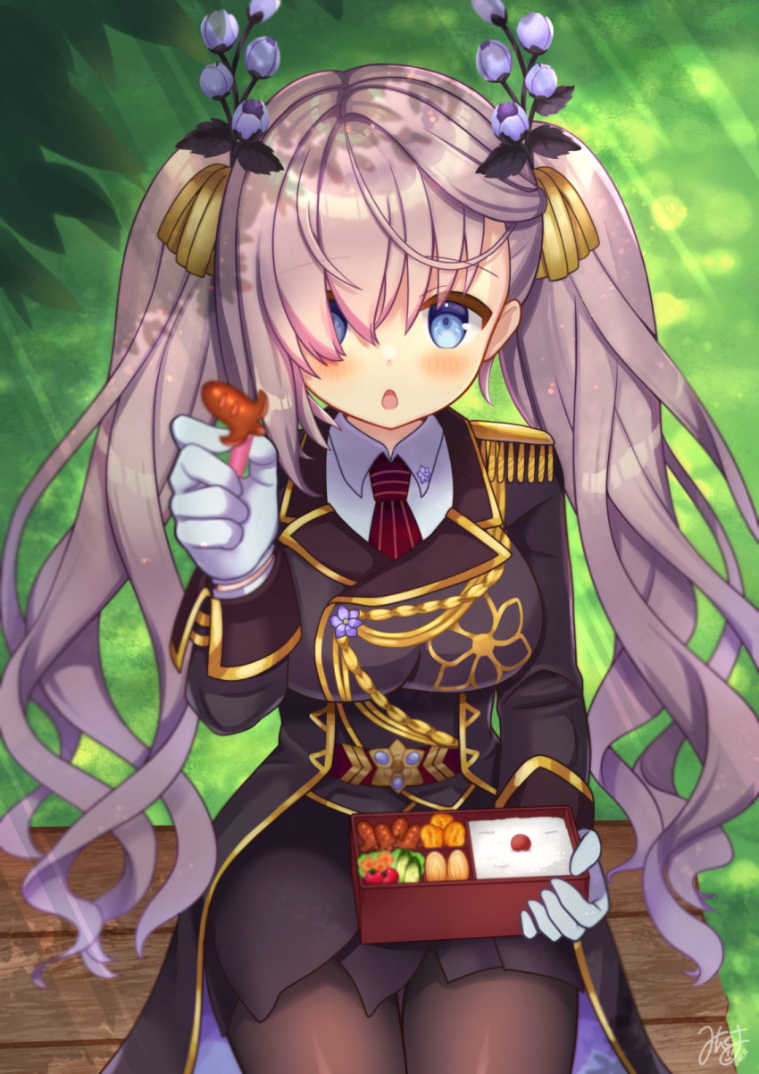 1girl, :o, bento, black_legwear, blue_eyes, blush, breasts, commentary_request