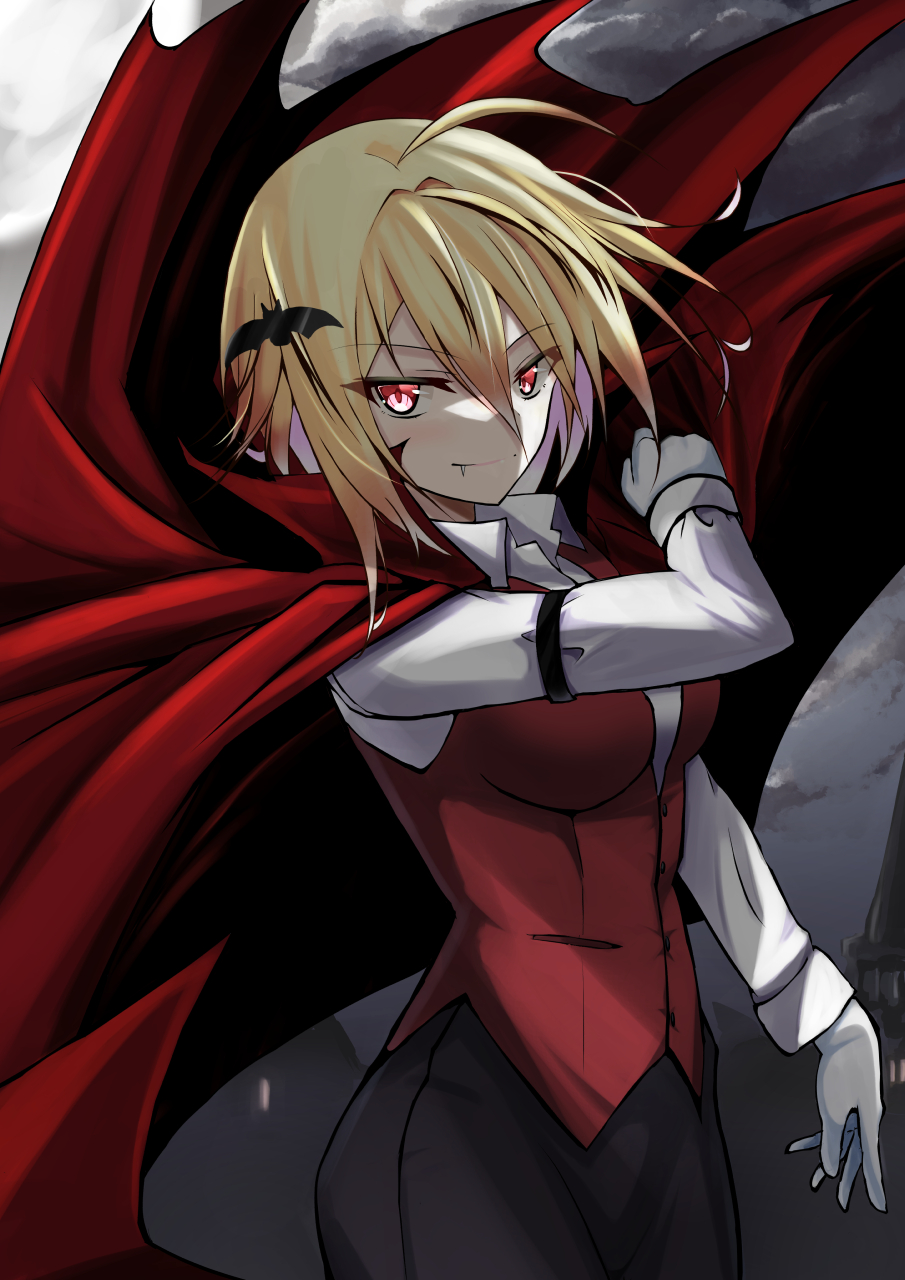 armband, blonde_hair, cape, clip_studio_paint_(medium), cloak, crossdressing, fang, fangs, gloves, hair_ornament, halloween, highres, jiseki_rena, original, red_cape, red_eyes, red_vest, reverse_trap, shirt, tomboy, vampire, vest, white_shirt