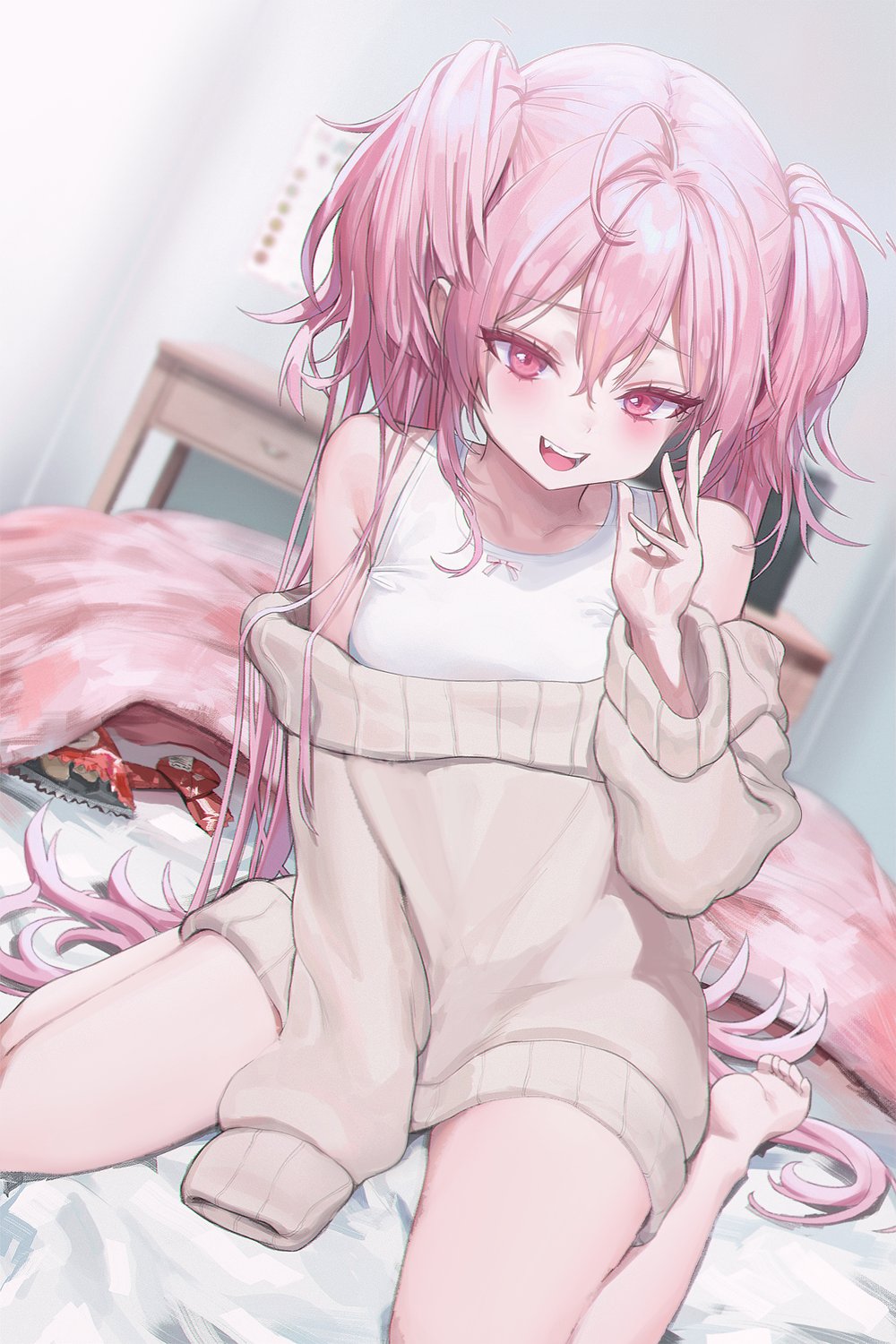 1girl, :d, ahoge, blanket, bow, calendar_(object), character_request, chips