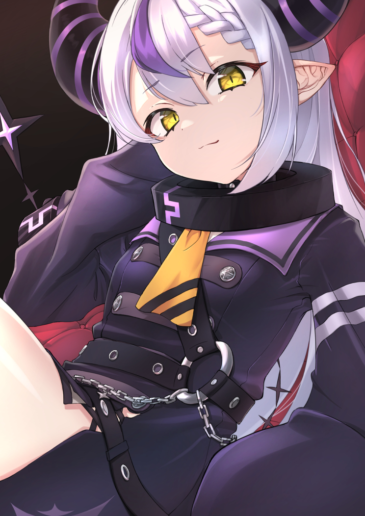 1girl, ascot, bangs, black_horns, braid, braided_bangs, collar, demon_girl, demon_horns, eyebrows_visible_through_hair, hair_between_eyes, head_rest, hololive, horns, la+_darknesss, long_hair, long_sleeves, looking_at_viewer, motoraku, multicolored_hair, pointy_ears, purple_hair, purple_horns, silver_hair, sleeves_past_fingers, sleeves_past_wrists, slit_pupils, solo, streaked_hair, striped_horns, very_long_hair, virtual_youtuber, yellow_ascot, yellow_eyes