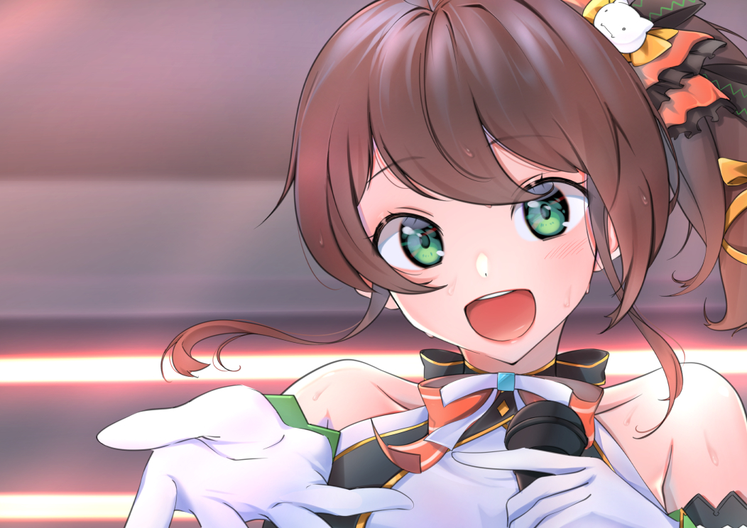 1girl, :d, armlet, bare_shoulders, black_ribbon, brown_hair, commentary, eyebrows_visible_through_hair