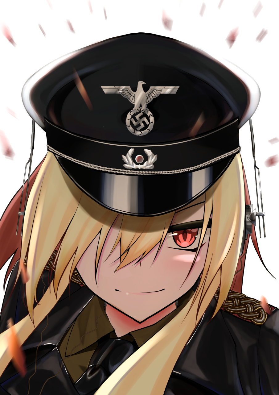 black_cravat, black_tie, blonde_hair, clip_studio_paint_(medium), cross, hat, headphones, highres