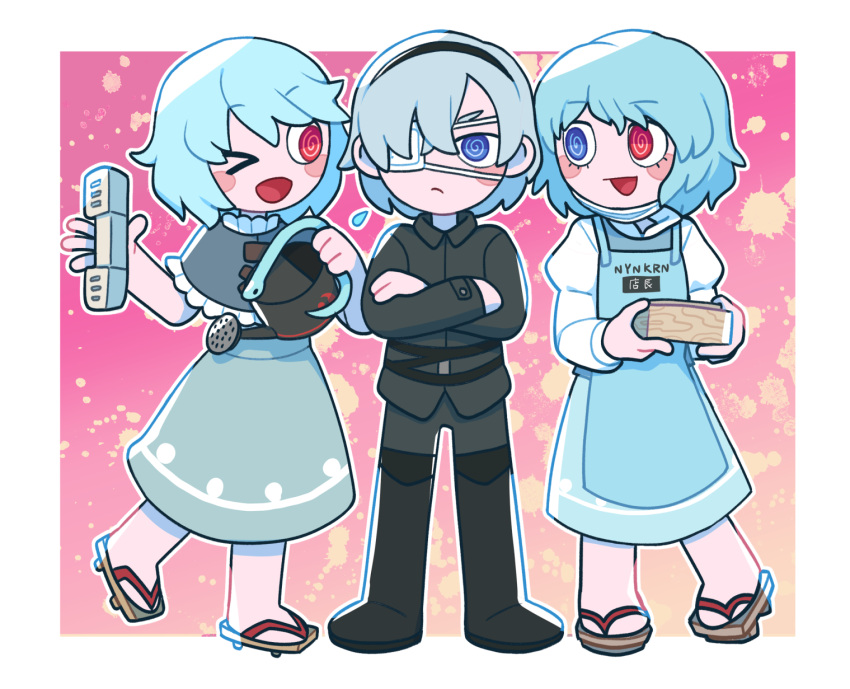 >_o, 3girls, apron, bandage_over_one_eye, bangs, black_coat, black_pants, blue_apron