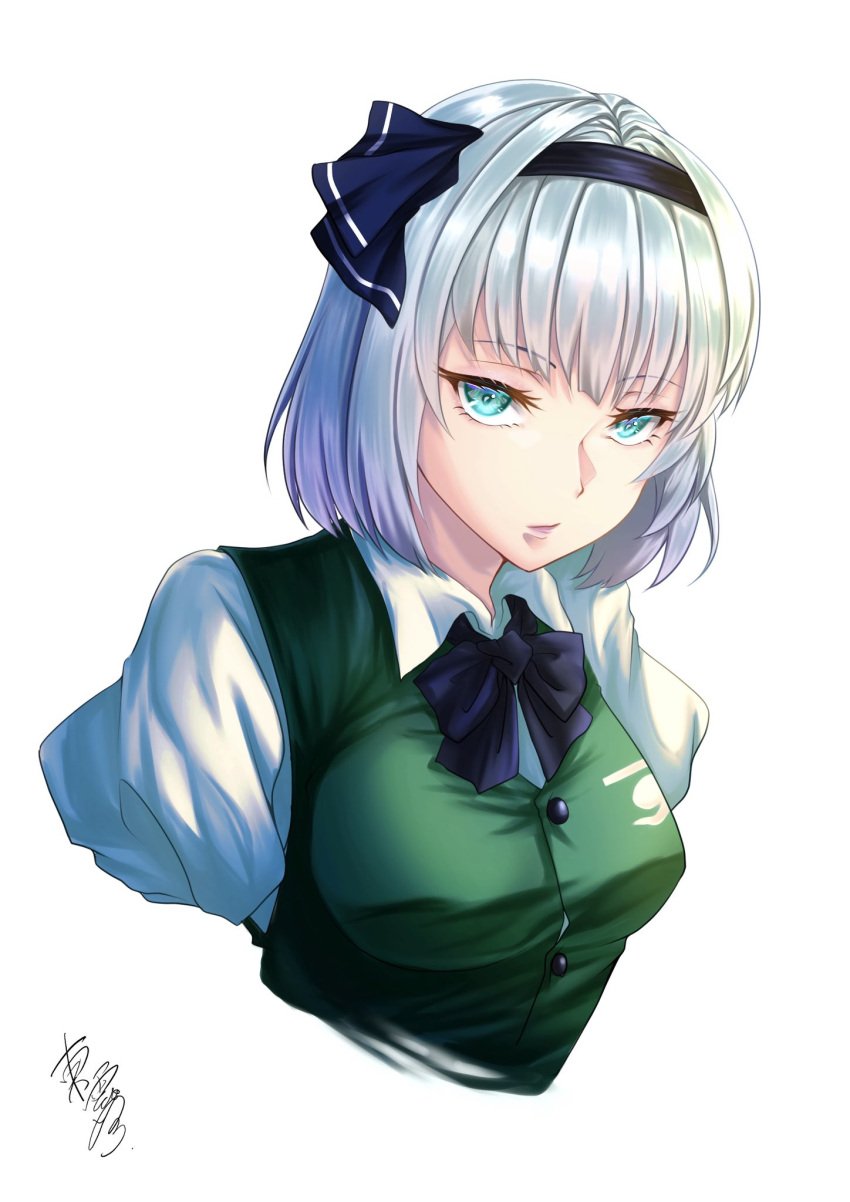 1girl, aqua_eyes, bangs, black_hairband, black_ribbon, blush, bob_cut, breasts