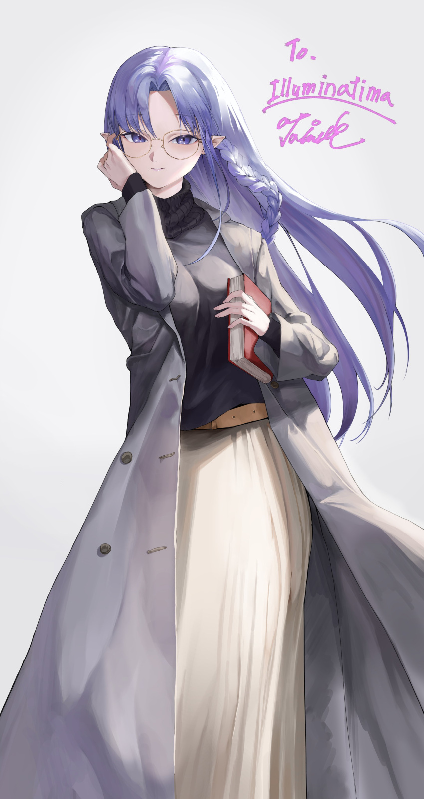 1girl, absurdres, alternate_costume, bespectacled, black_sweater, blue_hair, book, braid