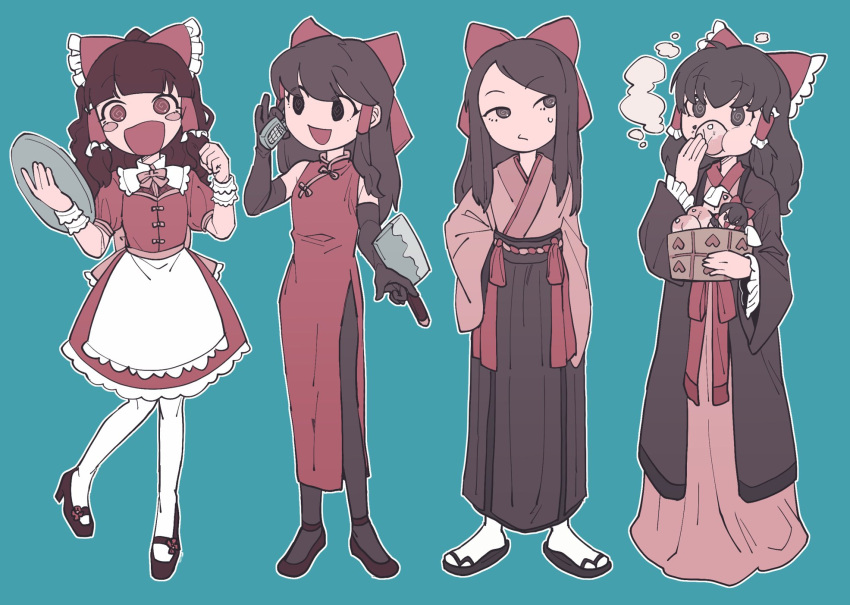 5girls, @_@, alternate_costume, apron, bangs, black_coat, black_eyes, black_gloves