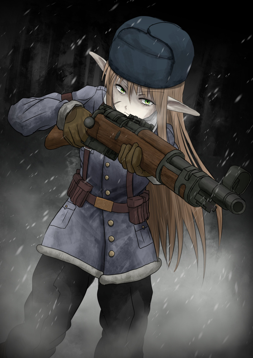 1girl, absurdres, elf, forest, fur_hat, green_eyes, gun, hat