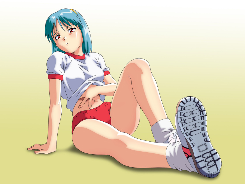 1990s_(style), 1girl, absurdres, buruma, clothes_lift, full_body, gradient, gradient_background