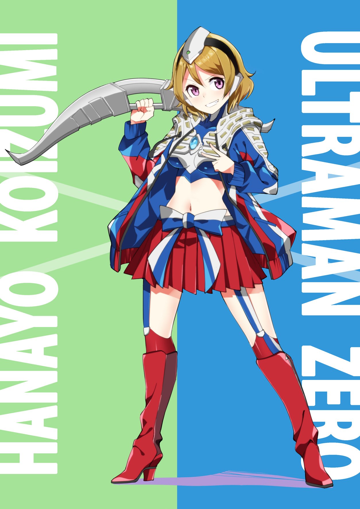 1girl, bangs, blue_background, boots, breasts, brown_hair, character_name, color_timer, cosplay, double-blade, english_text, full_body, garter_straps, green_background, grin, headphones, highres, jacket, koizumi_hanayo, large_breasts, love_live!, love_live!_school_idol_project, midriff, miniskirt, navel, red_footwear, sasanon_(sasapoliton), shiny, shiny_hair, short_hair, skirt, smile, solo, standing, sword, two-tone_background, ultra_series, ultraman_zero, ultraman_zero_(cosplay), ultraman_zero_the_movie, v, violet_eyes, weapon