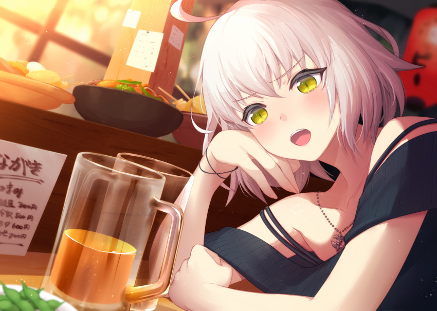 1girl, ahoge, alcohol, bangs, beer, blush, bowl, cup