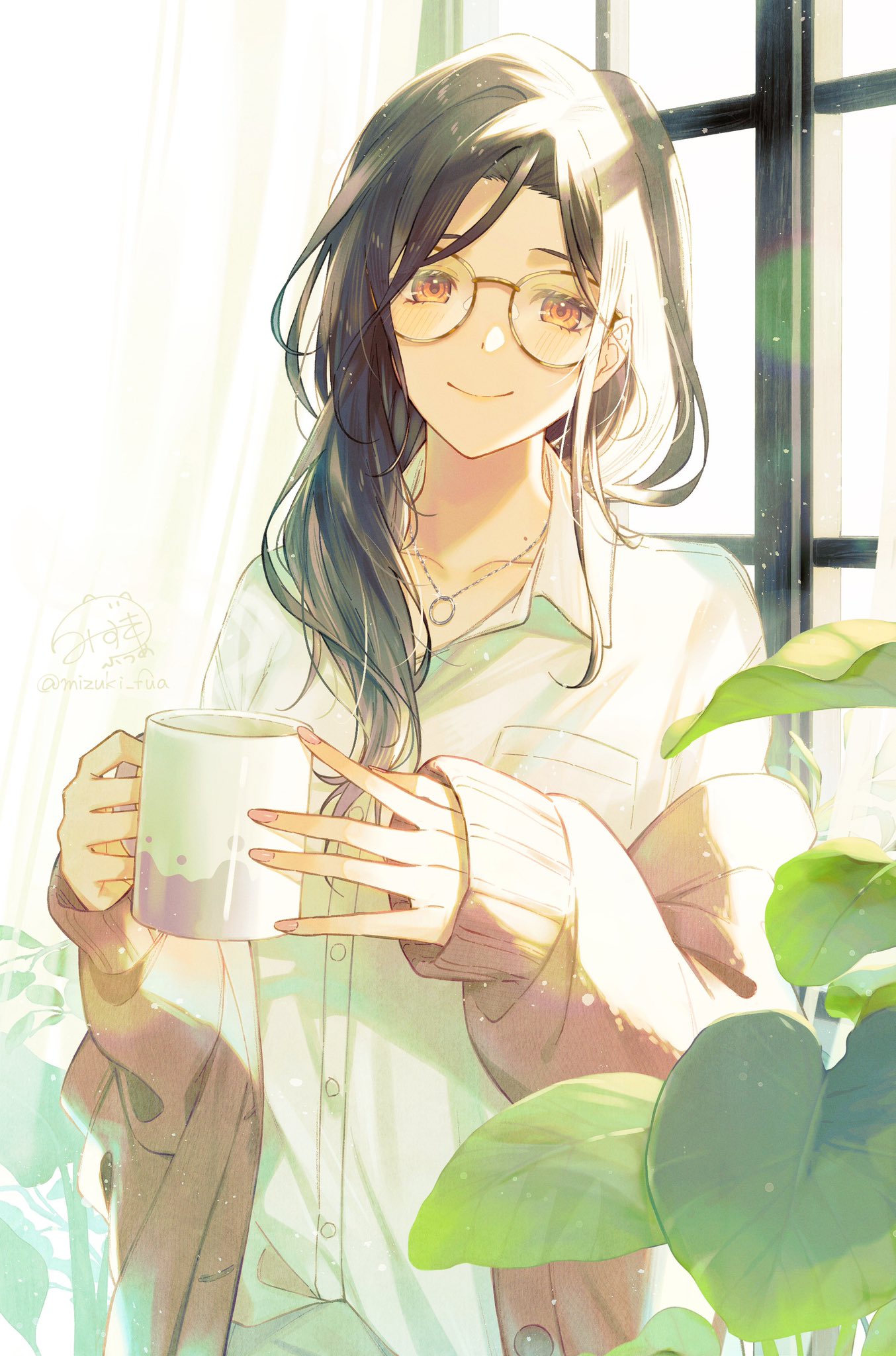 1girl, black_hair, collared_shirt, cup, glasses, highres, jacket, jacket_on_shoulders