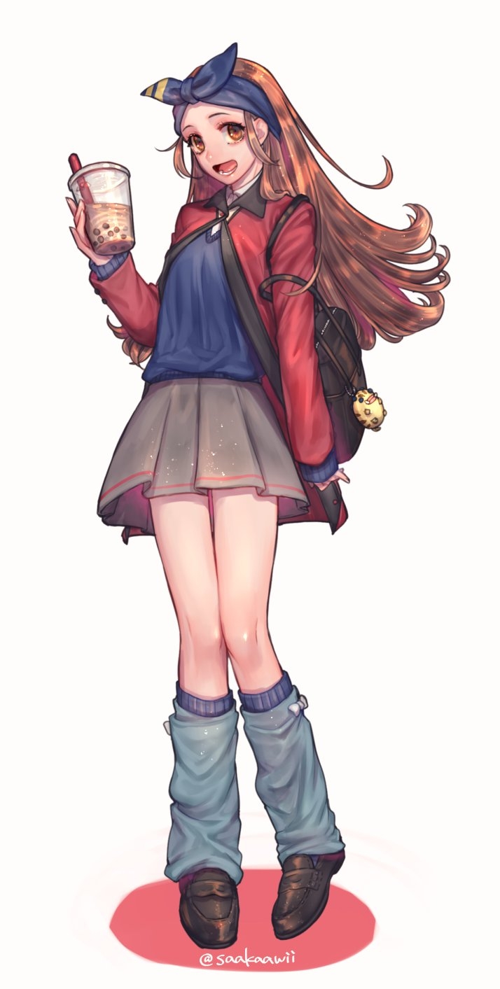 1girl, alternate_costume, brown_eyes, brown_hair, bubble_tea, full_body, gensou_suikoden, gensou_suikoden_ii