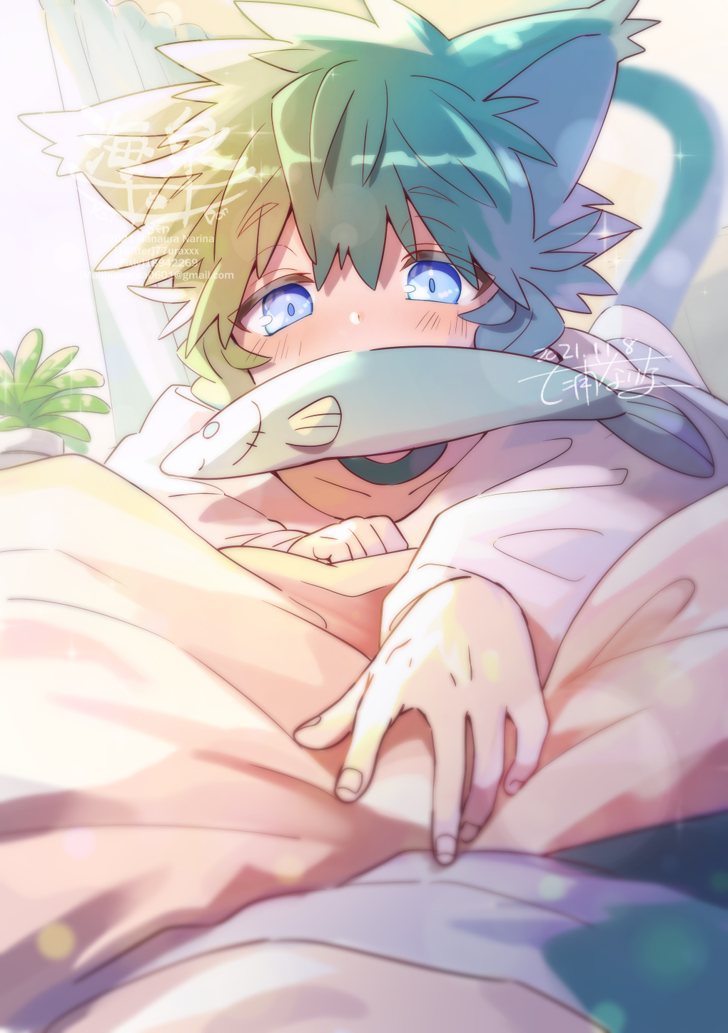 1boy, animal_ears, blue_eyes, blush, cat_boy, cat_ears, cat_tail, choker, crawling, fish, green_hair, highres, looking_at_viewer, lying, male_focus, nanaura_narina, original, stuffed_toy, tail