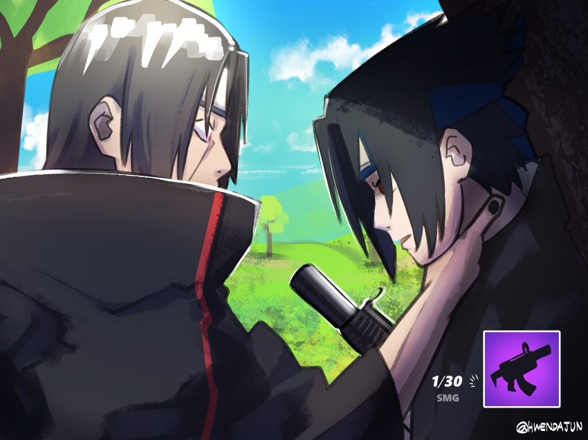 2boys, against_tree, akatsuki_(naruto), akatsuki_uniform, bandana, black_hair, black_nails, black_shirt, coat, english_commentary, fortnite, grass, gun, heads-up_display, highres, holding, holding_gun, holding_weapon, hwendajun, long_sleeves, looking_at_another, machine_gun, male_focus, meme, multiple_boys, naruto, naruto_(series), neck_grab, outdoors, overcoat, red_eyes, shirt, tree, uchiha_itachi, uchiha_sasuke, weapon