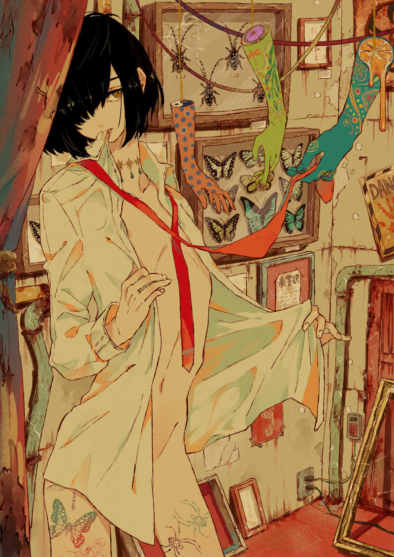 1boy, androgynous, blue_butterfly, bottomless, bug, butterfly, butterfly_tattoo, choker, clothes_in_mouth, collarbone, commentary_request, cowboy_shot, curtains, electric_socket, hair_over_one_eye, indoors, insect_collection, leg_tattoo, linea_alba, long_sleeves, looking_at_viewer, male_focus, naked_shirt, navel, orange_eyes, original, otoko_no_ko, p-suke, picture_frame, pipe, severed_limb, shirt, short_hair, solo, spider_tattoo, tattoo, white_shirt, yellow_butterfly, yin_yang