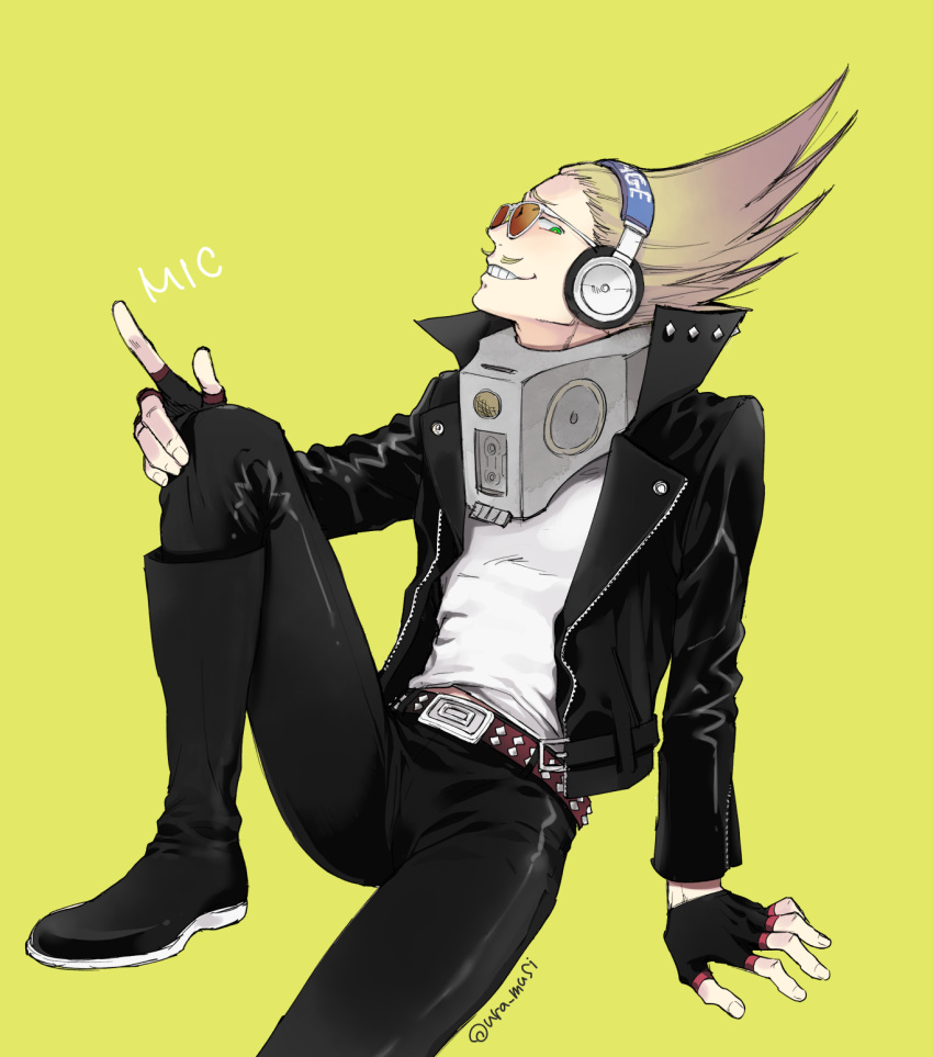 1boy, amplifier, belt, belt_buckle, blonde_hair, boku_no_hero_academia, boots, buckle