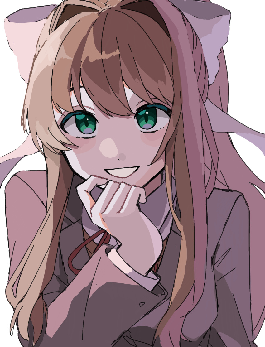 1girl, absurdres, blazer, bow, brown_hair, doki_doki_literature_club, green_eyes, highres, jacket, long_hair, looking_at_viewer, mitty3302004, monika_(doki_doki_literature_club), ponytail, ribbon, school_uniform, smile, solo, teeth, white_bow