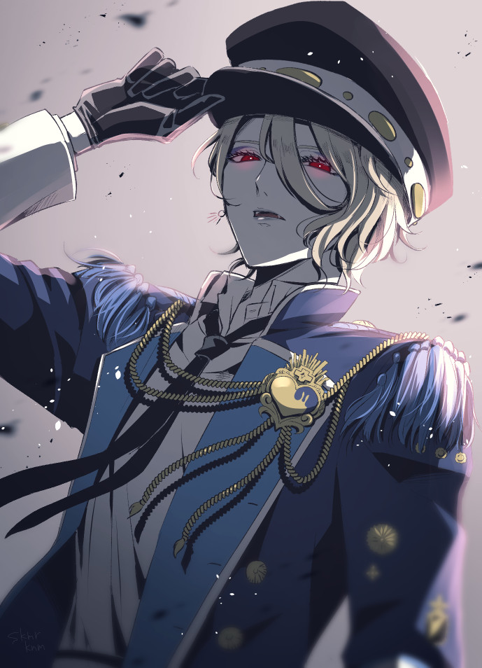 1boy, blonde_hair, fangs, formal, gloves, guiltia_brion, hat, idol