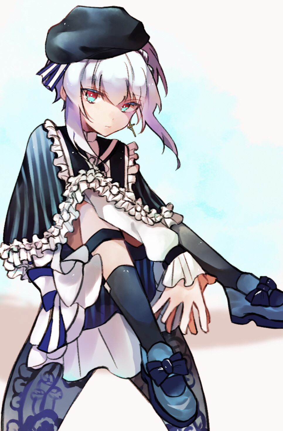 1boy, akuma_shitsuji_to_kuroi_neko, androgynous, blue_eyes, cross, earrings, flure_garcia, gothic