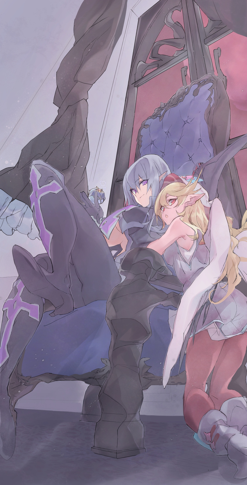 2girls, absurdres, armchair, blonde_hair, blue_eyes, breasts, chain, chair