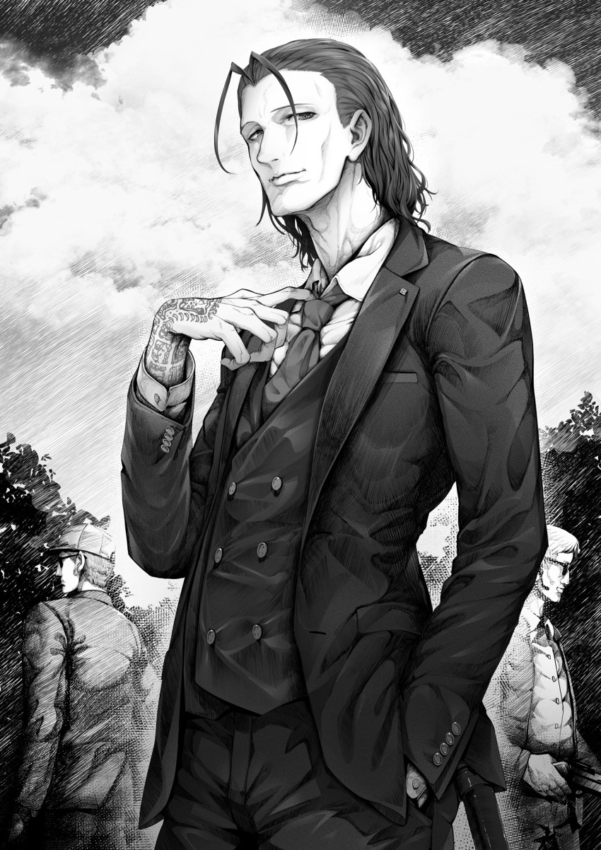 3boys, antenna_hair, clouds, cowboy_shot, formal, greyscale, gun, hand_in_pocket