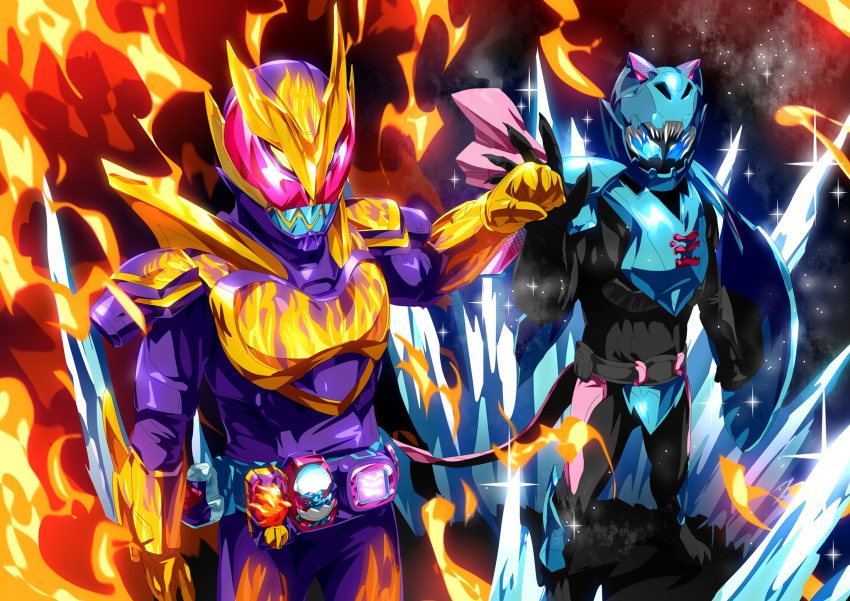 2boys, animal_hood, barid_rex, barid_vice, blizzard, blue_armor, blue_eyes, bodysuit