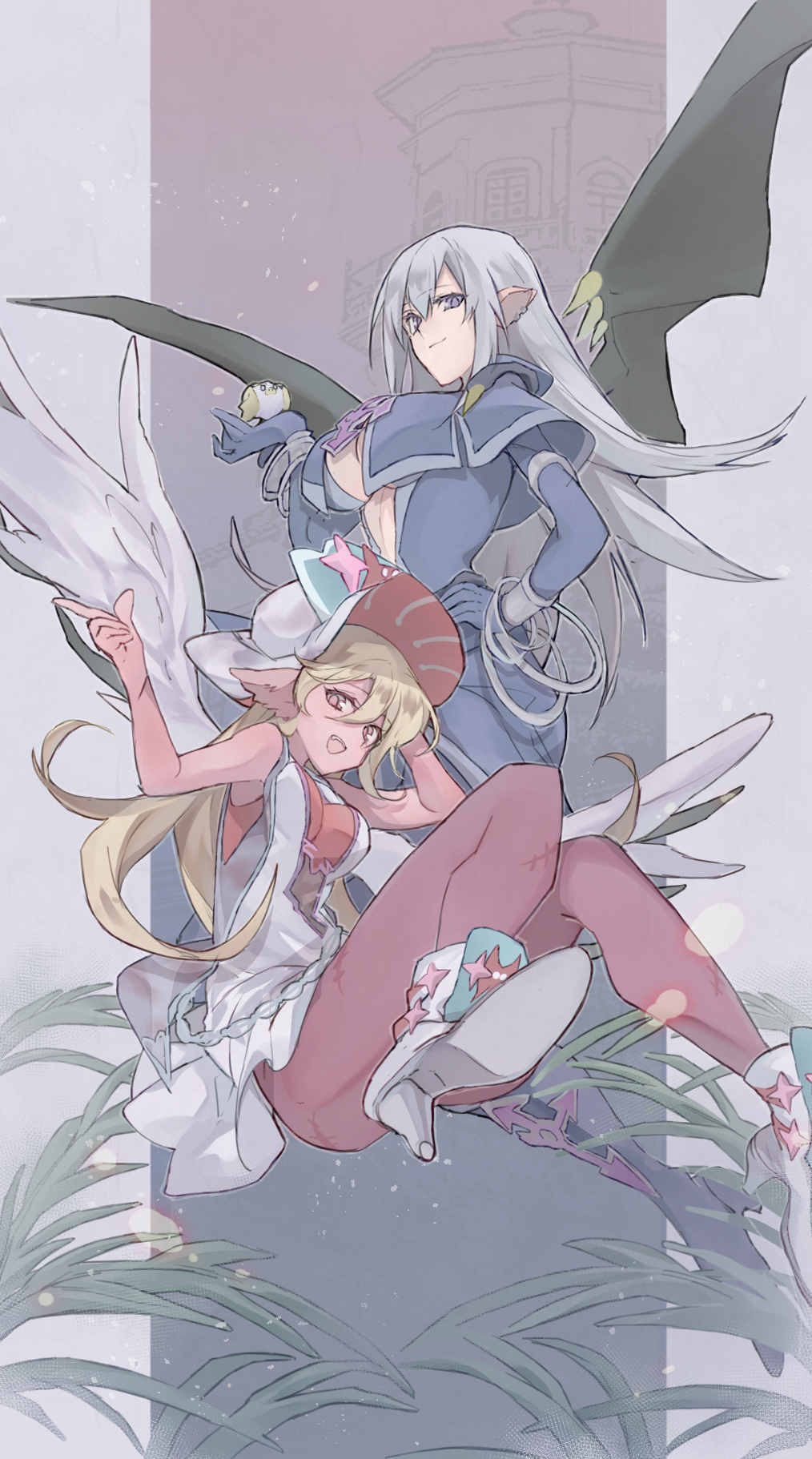 2girls, blonde_hair, blue_eyes, breasts, capelet, cross, dark_skin, duel_monster