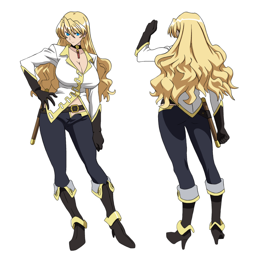 absurdres, blonde_hair, blue_eyes, breasts, character_profile, highres, huge_breasts, official_art, remastered, sara_scorpion, uchuu_kaizoku_sara