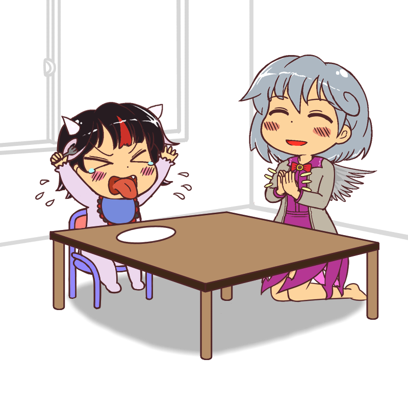 >_<, 2girls, anonymous_(japanese), barefoot, black_hair, blush, blush_stickers, chair