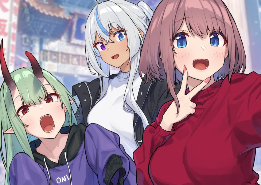 3girls, absurdres, akari_(baffu), aqua_hair, baffu, bangs, blue_eyes, breasts