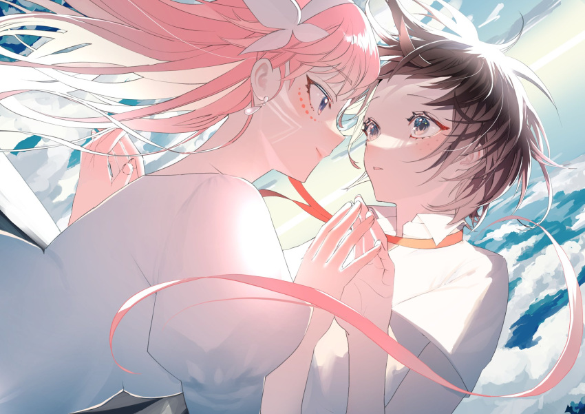 2girls, bangs, belle_(ryuu_to_sobakasu_no_hime), blue_eyes, brown_hair, clouds, earrings, facial_mark