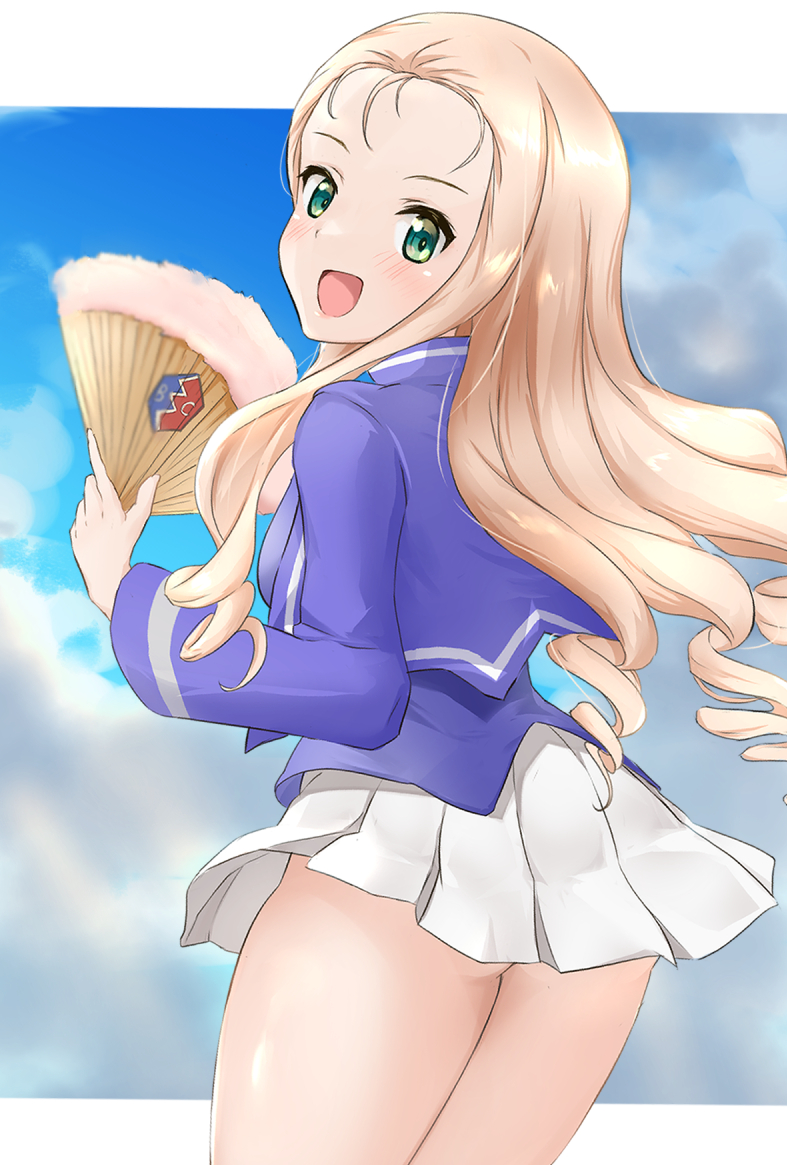 1girl, bc_freedom_(emblem), bc_freedom_military_uniform, blonde_hair, blue_jacket, blue_sky, clouds, cloudy_sky, cowboy_shot, drill_hair, emblem, folding_fan, from_behind, girls_und_panzer, green_eyes, hand_fan, holding, holding_fan, jacket, karefu, long_hair, long_sleeves, looking_at_viewer, looking_back, marie_(girls_und_panzer), military, military_uniform, miniskirt, open_mouth, pleated_skirt, skirt, sky, smile, solo, standing, uniform, white_skirt, wind, wind_lift